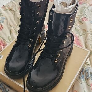 Black Patent Leather Lace-Up Boots